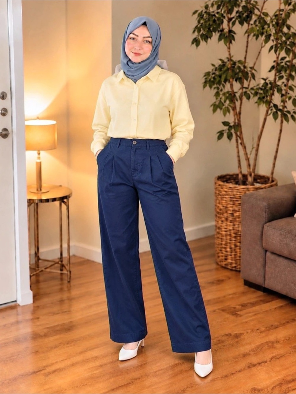 Free Assembly Wide-leg pleated twill trouser pant Blue